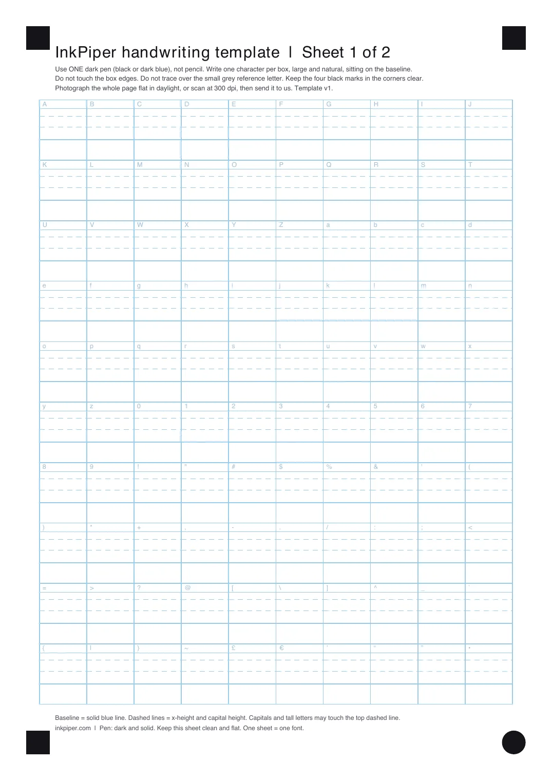 InkPiper handwriting template, sheet 1 of 2: ten rows of ten boxes, each box labelled with its character and ruled with a solid baseline and two dashed guides, with a black mark in each corner.