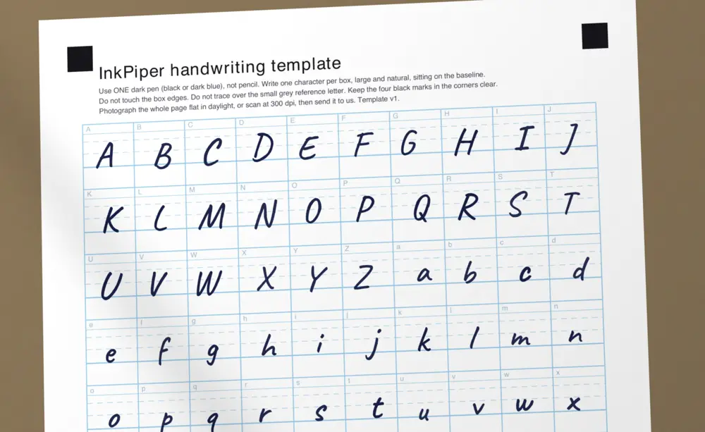 A phone photo of a filled-in InkPiper template: capital and small letters written by hand, one per box, on blue baselines.